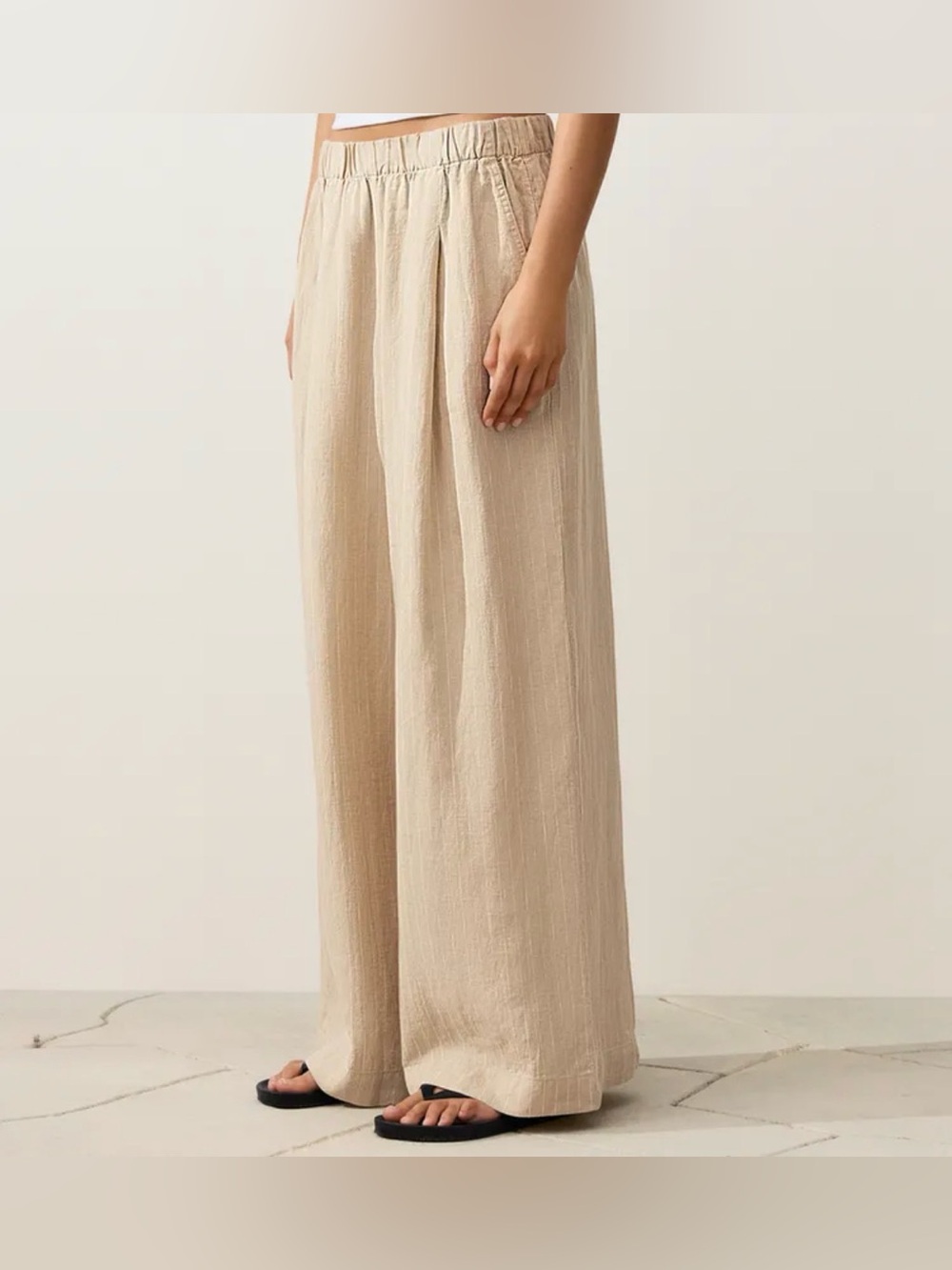 Wide Leg Linen-Blend Pants in Beige